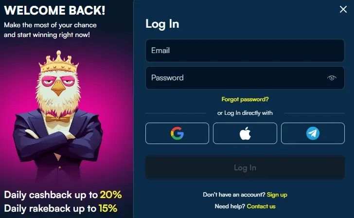 Inlogscherm casino met e-mail en wachtwoordveld